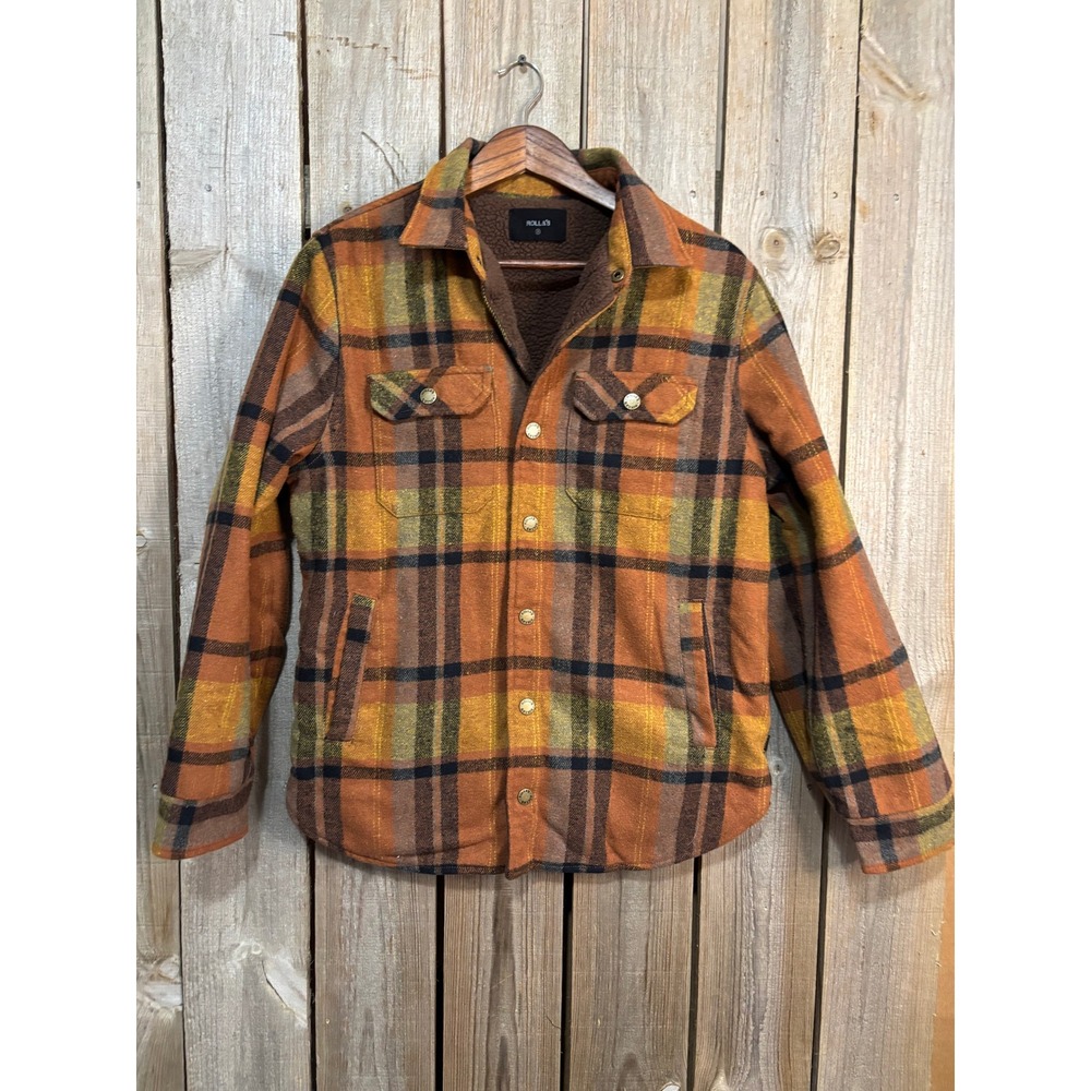 Rollas Mens Sherpa Lined Plaid Flannel‎ Shirt Jacket Orange Yellow Brown Small